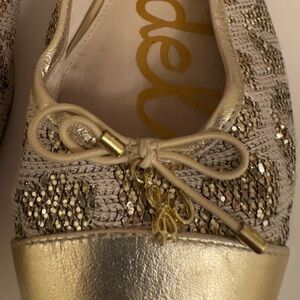 Sam Edelman Gold Sequin Ballet Flats with Bow and Charm - 9.5